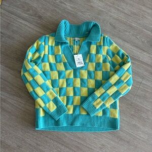 NWT- Natura Teal and Yellow Checkered Sweater